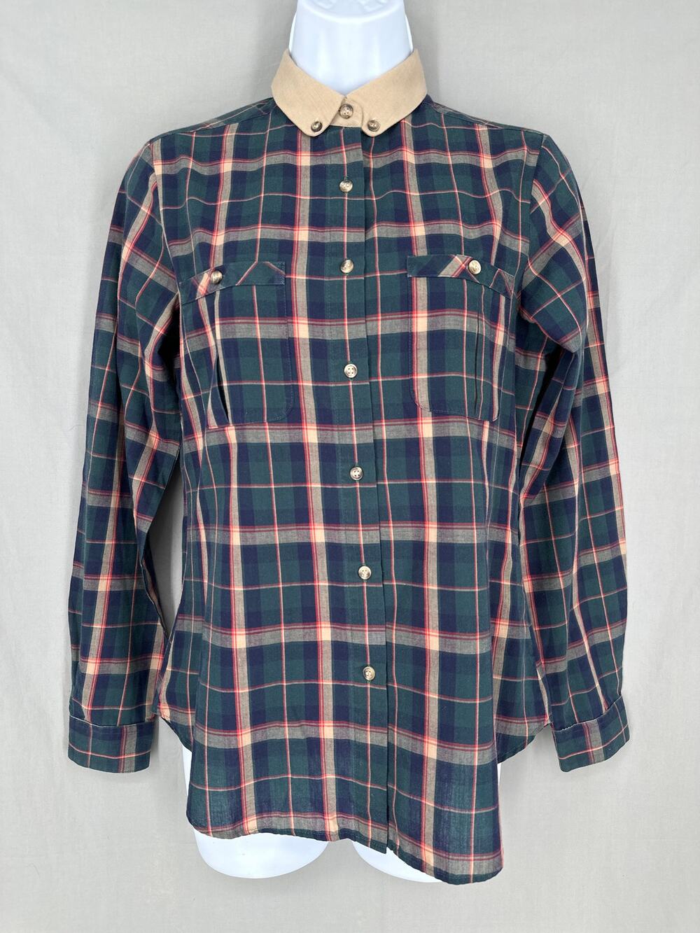 90s Vintage Top Women Small Green Plaid Button Shirt Heritage Country Equestrian